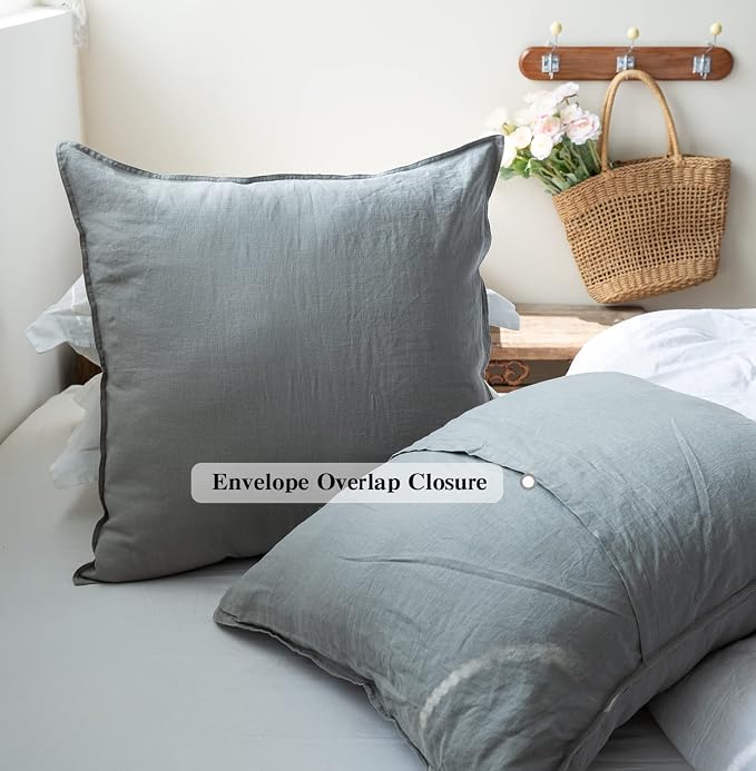 Simple&Opulence 100% Washed Linen Euro Shams 26'' x 26'' Pack of 2, Basic Style Solid Color Natural Flax Farmhouse Decorative Square Throw Pillow Covers for Bed Couch Sofa - Ultimate Grey