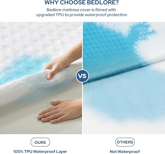 BEDLORE Waterproof Mattress Protector, Full Size, Deep Pocket, Eco-Friendly, Waterproof, Stain Protection, Washable, White | Soft Noiseless Breathable Bed Mattress Cover Pad, Fits 6-15 Inch Deep Mattresses, Ideal for Home Bedroom, Hotel, White