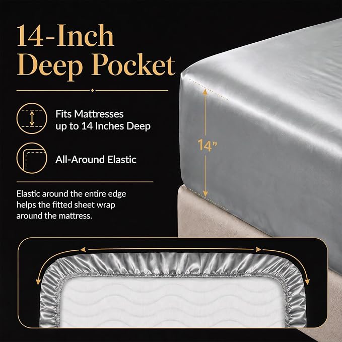 CozyLux Satin Sheets Queen, 6-Piece 14-Inch Deep Pocket Sheet Set | OEKO-TEX Certified Silky Soft Sheet Set for Hair & Skin, Luxurious Silky-Smooth Satin for Elegant Bedroom Decor, Light Grey