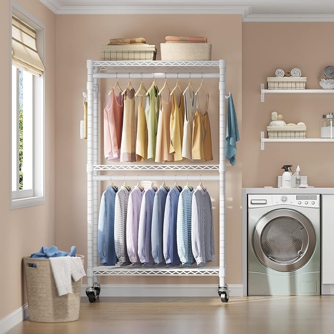 VIPEK R2 Medium Clothes rack for Hanging Clothes Rolling Closet System | Lockable Silent Wheels, Double Hanging Rods, Adjustable Wire Shelving/Side Hooks, Space-Saving for Small Space, 500lbs, White