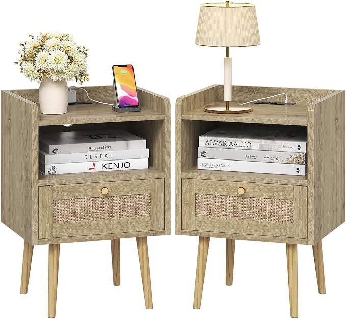 MECHYIN Night Stand Set 2, Nightstands Set of 2 with Charging Station, Rattan Side Tables with Solid Wood Legs, Boho Bedside End Table for Apartment Bedroom Dorm Small Space