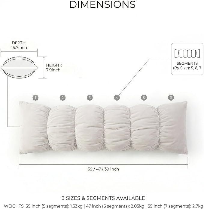 Pat. Pend. Long Bed Pillow for Side Sleepers, 39 Inch, Misty White | Body pillow for adults with a removable, washable soft velvet cover; segmented long pillow for comfortable side sleeping.