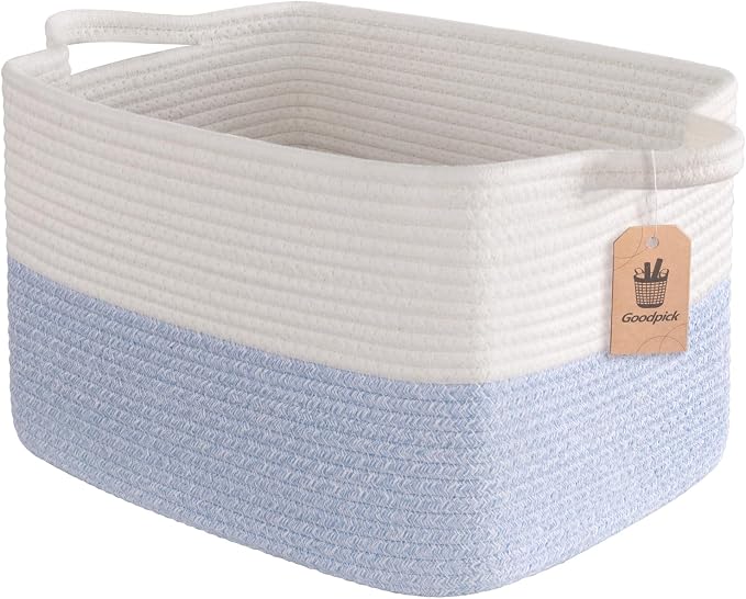 Goodpick Woven Storage Basket for Shelves, 13" x 10" x 9", Light Blue | Stylish Gift Basket for Home Decor, Cotton Rope Baskets for Dog Toys, Books & Shoes Storage, Closet & Shelf Organization