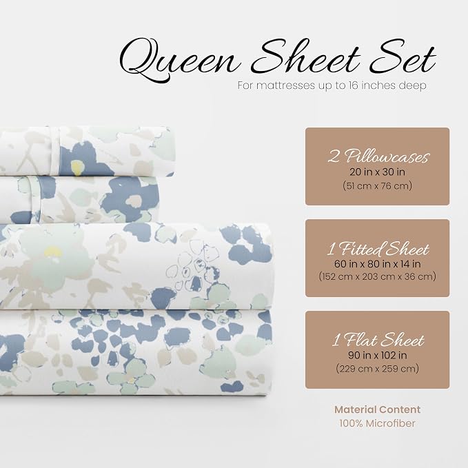 Linen Market Patterned Microfiber Queen Sheet Set 4 Piece – Oeko-TEX Certified Ultra Soft & Wrinkle-Free - 16" Deep Pocket Sheets - Easy Care Queen Size - Violets Light Blue