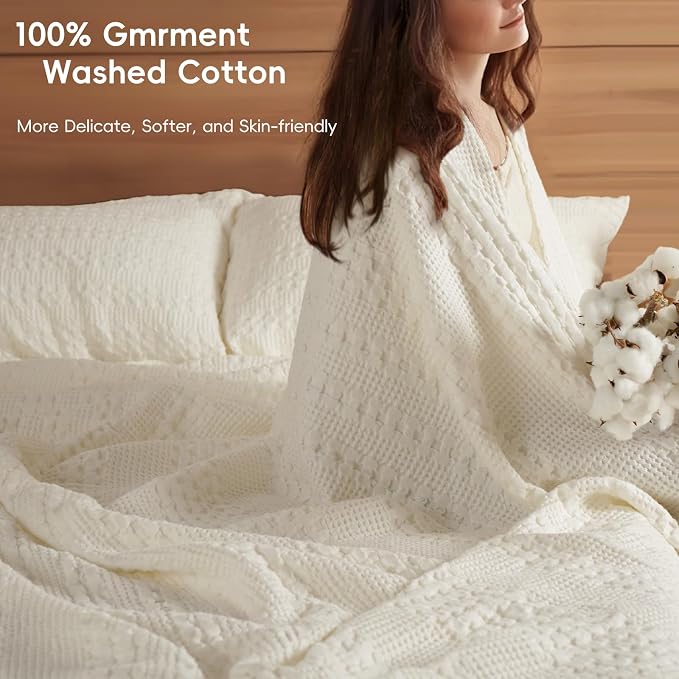 PHF Lightweight 100% Cotton Waffle Blanket, Oversized King, Ivory | Pre-Washed Soft Cotton Comfor, Extra Large 10'x10' Blanket, Giant Big Luxury Aesthetic Woven Bedding for Home Decor