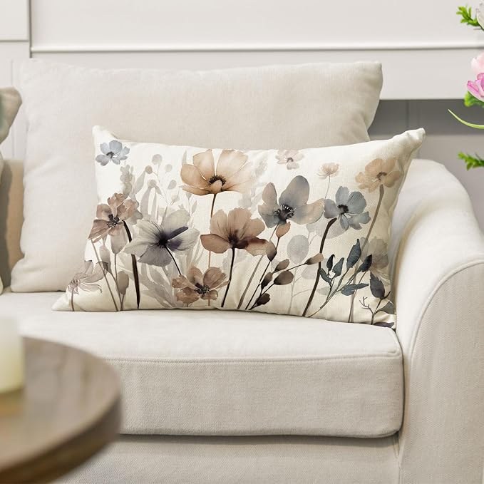 AVOIN colorlife Poppy Flowers Spring Fall Throw Pillow Cover 12x20 Inch | Chinoiserie Seasonal Leaves Cushion Case Decoration for Sofa Couch Farmhouse