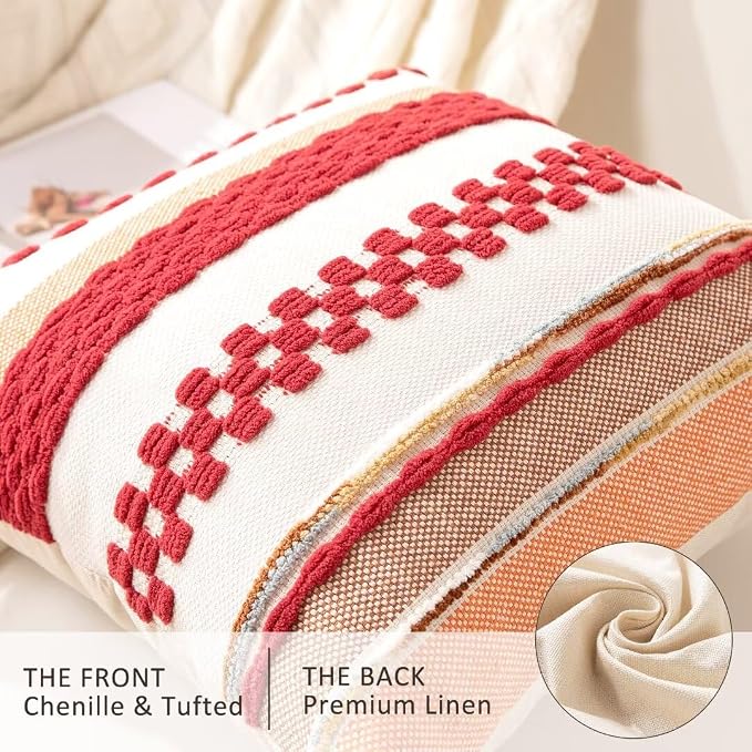 Boho Throw Pillow Covers Decorative Neutral Farmhouse Pillow case | 18x18 Set of 2 Cushion Case Striped Square Pillows Cover Couch Pillow Cases Accent Pillowcase for Sofa Bed,Red