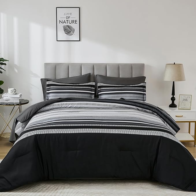Dobuyly Black Comforter Full Size Set 7 Pieces, Boho Striped Grey Bed in a Bag Full Soft Microfiber Bedding Set for Mens with Comforter, Sheets, Pillowcases & Shams All Season