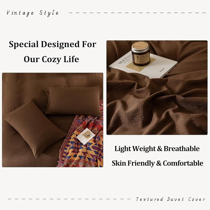 BDEAR 3Pcs Cocoa Brown Pinstriped Duvet Cover Set Queen Size 90''Wx90''L | Light Weight Design, 1 Duvet Cover with 2 Pillowcases, Zipper Closure, OEKO TEX Standard,8 Corner Ties, Skin Friendly