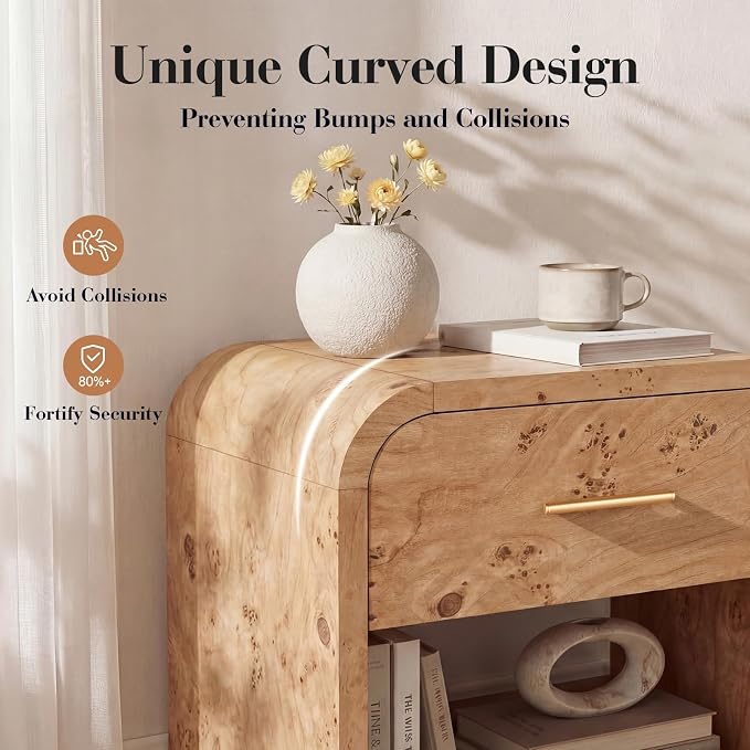 Night Stand Set of 2 [Unique Curved Profile] [FSC-Certified Wooden Board] 1-Drawer and 1 Storage Shelf Nightstand 24" H Metal Handle Modern Bedside Table Side Table End Table | [Curved Profile] [FSC-Certified Wooden Board] Nightstand 24" H Metal Handle...