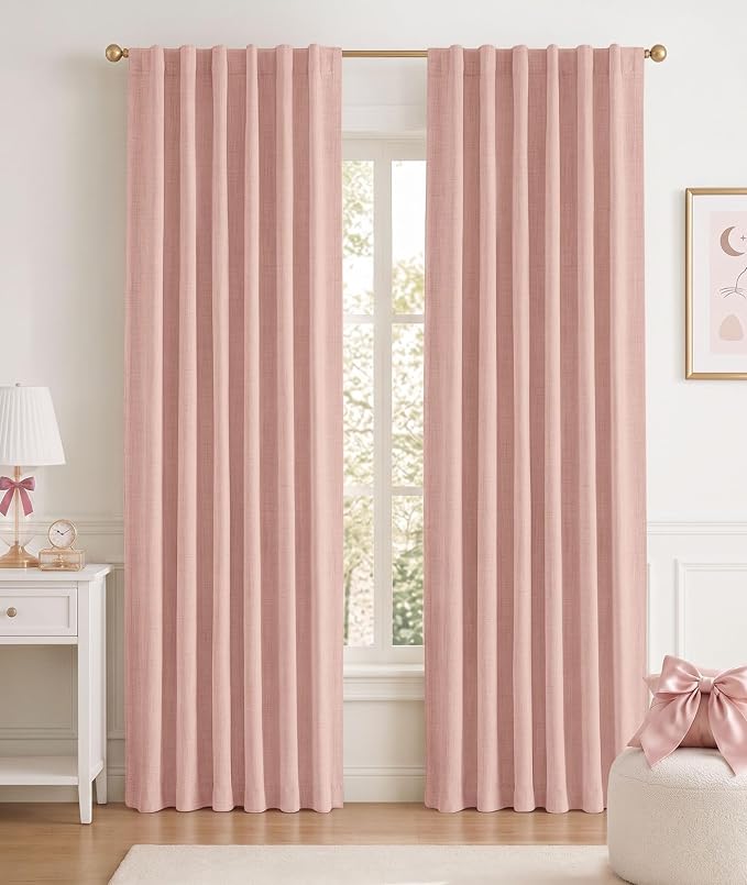 INOVADAY 100% Blackout Linen Curtains for Bedroom 50x102 Inches Blush Pink | Linen Textured, Light Blocking, Room Darkening, Thermal Insulated, Back Tab Top, Window Curtains for Living Room, 2 Panels