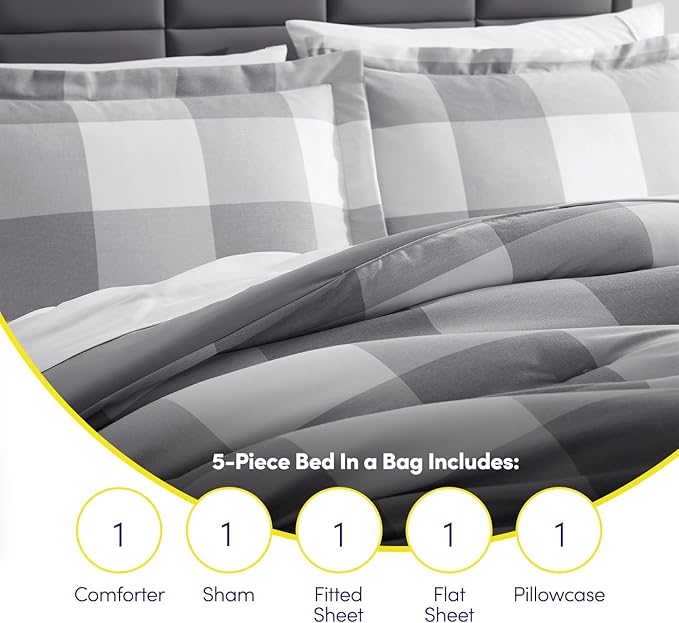 7 Piece Comforter Set Bag Solid Color All Season Soft Down Alternative Blanket & Luxurious Microfiber Bed Sheets, Twin, Gray Plaid