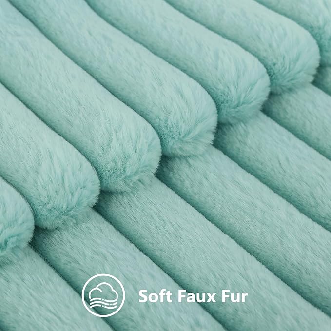 decorUhome Fall Faux Fur Throw Pillow Covers 22x22 Set of 2 Aqua | Decorative Soft Cozy Striped Plush Modern Farmhouse Boho Couch Pillow Cases Velvet Back for Sofa Bed Living Room Home Decor