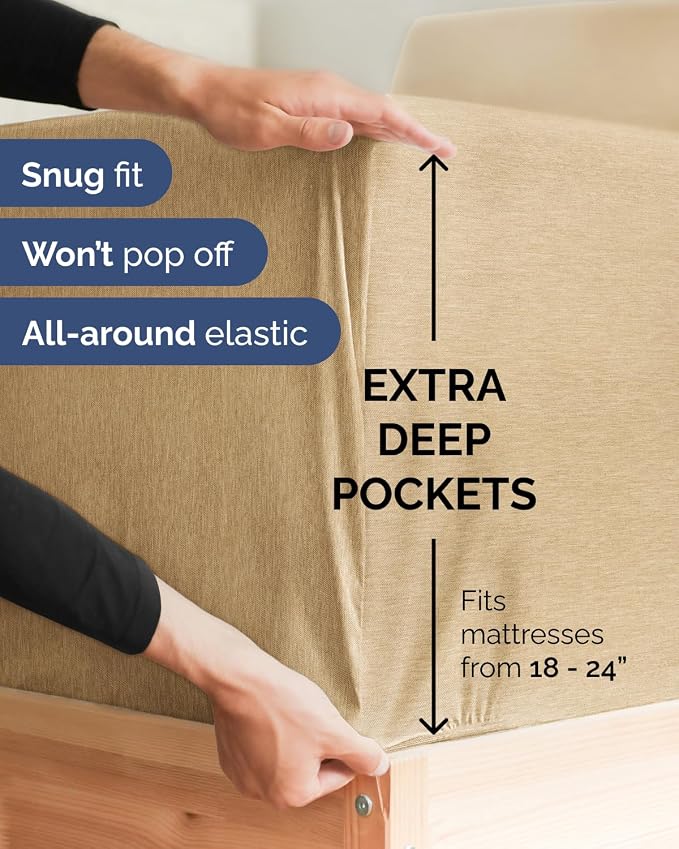 Extra Deep Flex Top Split Head King Sheet Set - 6 Piece Breathable and Cooling Sheets - Hotel Luxury Bedding for Women, Men, Kids & Teens - Easy Secure Fit - Extra Deep Pockets - Heathered Tan