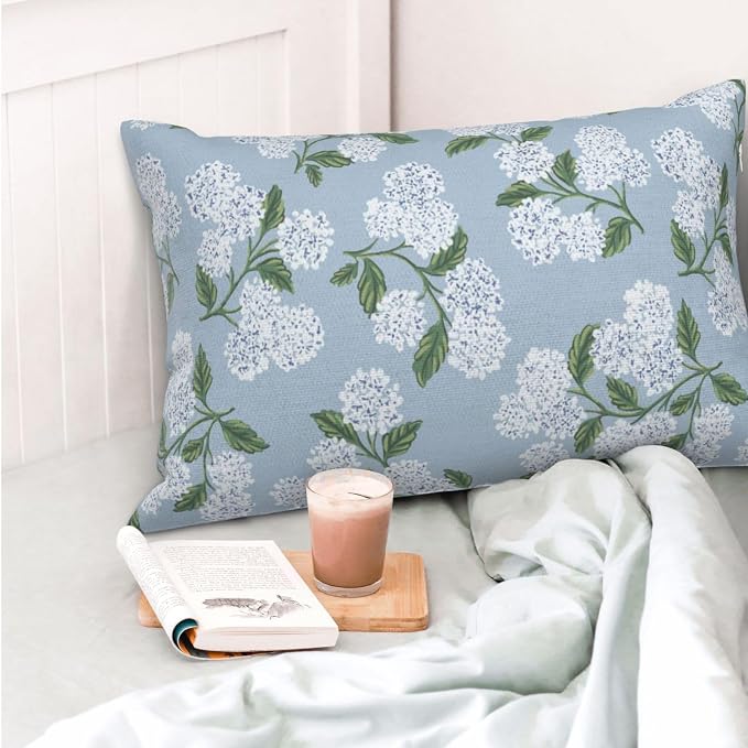 Light Blue Pillow Covers 12x20 Inch 2 Pcs Blue Green Hydrangea Flower Decor Throw Pillows Vintage Floral Seasonal Spring Summer Outdoor Decoration Pillowcase Linen Cushion Cover for Couch Sofa