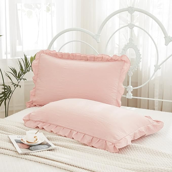 Pink Pillowcases King Pillowcases Ruffled Pillow Shams Set of 2 Cute Pillowcases Solid Ruffled Fringe Design Baby Pink Shabby Chic Pillowcases 2 Pack (King (20''x36''), Pink)