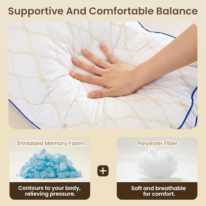ZonLi Long Body Pillow for Adults, Gold Thread Quilted Gourd Pattern Cover, Soft Durable Adjustable Shredded Memory Foam, Comes with Extra 7 Oz Shredded Foam, Ideal for Side Sleepers, White