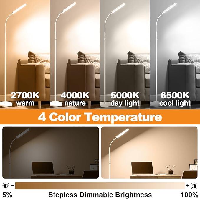 marctronic White Floor Lamp, 18W 1800LM Bright LED Floor Lamps for Living Room Bedroom, Dimmable Timing Eye Caring Reading Standing Lamp with Remote & Works with Smart Plug