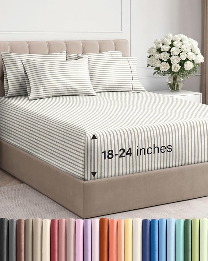 Extra Deep Cal King Sheet Set - 6 Piece Cooling Bed Sheets - Beige Stripes | Hotel Luxury Bed Sheets Set, Easy & Secure Fit, Ultra-Soft, Wrinkle & Fade Free, Comfy Sheets Set with Extra Deep Pockets