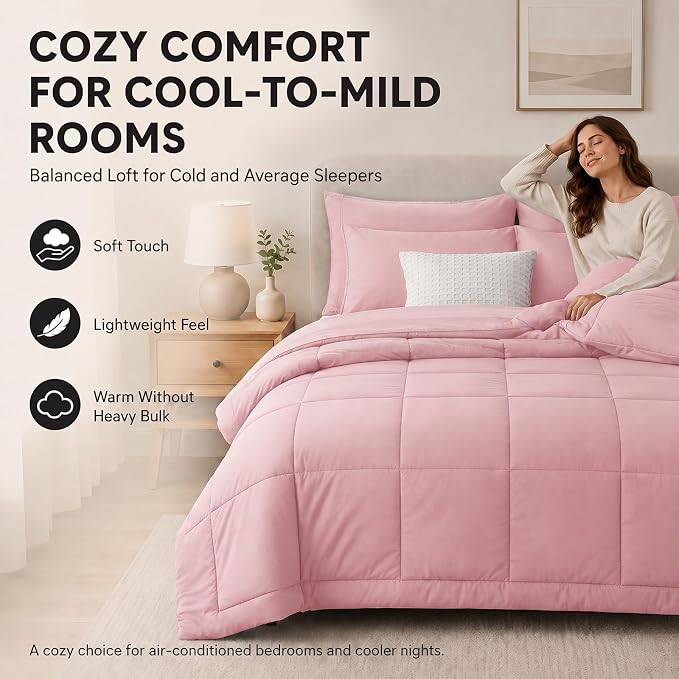 Queen Comforter Set Pink - 7 Pieces Bed in a Bag | OEKO-TEX Certified, All-Season, Bedroom, Guest Room, Down-Alternative Comforter + Flat & Fitted Sheets + 4 Pillowcases