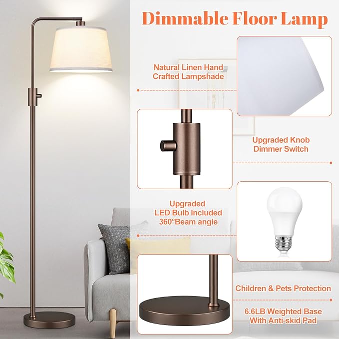 Nintiue [Upgraded] Dimmable Floor Lamp, 1000 Lumens LED Edison Bulb Included, Modern Arc Standing Tall Brown Floor Lamp for Living Room Bedroom Office Dining Room
