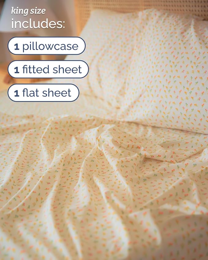 King 4 Piece Floral Sheet Set - Soft, Breathable & Cooling - Petite Garden | 1 Flat, 1 Fitted & 2 Pillowcases w/ Deep Pockets, Boho Botanical Floral Bedding, Breathable & Cooling, Wrinkle & Fade Free