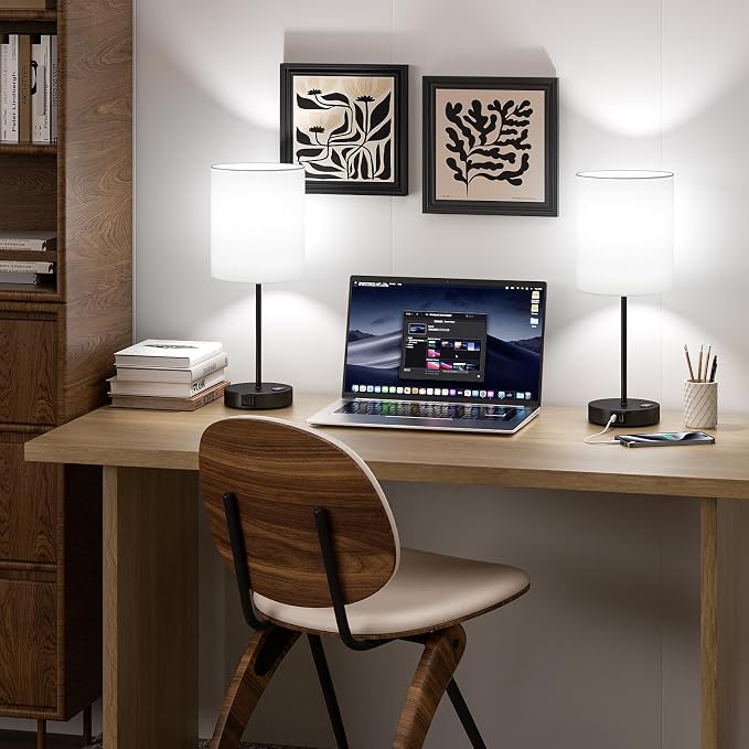 White Black Touch Lamps for Bedroom Set of 2, Dimmable, USB C+A, AC Outlet | Large 17.6" Tall Lamp, 3-Way Dimming, 5000K Daylight Bulbs, White Lampshade Black Base, for Living Room, Boys, Men, Girls