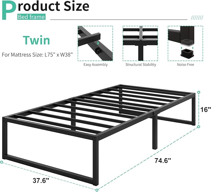 Lutown-Teen 16 Inch Twin Size Bed Frames with Heavy Duty Steel Slat Support | Twin Platform Bed Frame No Box Spring Needed, Noise Free, Easy Assembly, Black