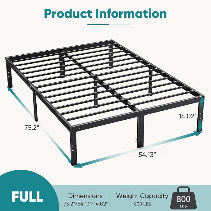 OLIXIS Full Size Metal Platform Bed Frame with Storage Space, Heavy Duty Sturdy Mattress Foundation, Strong Support Slats, Easy to Assemble, Black