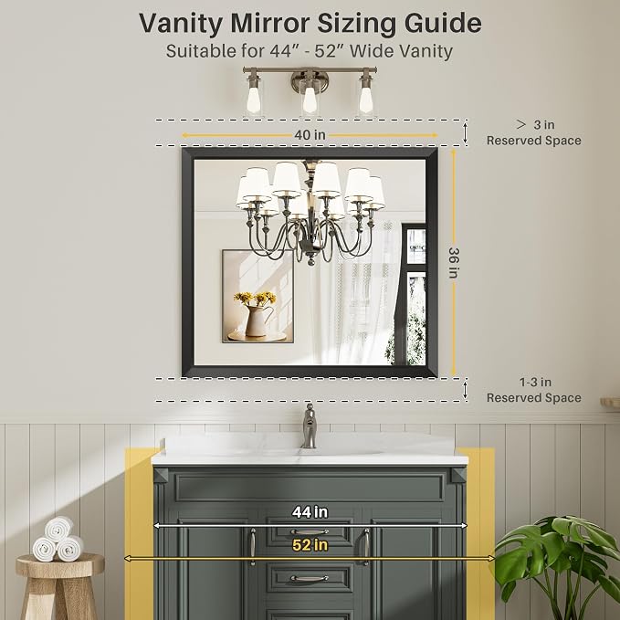 Black Metal Framed Bathroom Wall Mirror, 40x36 Inch | Anti-rust, HD tempered glass, for bathroom vanity, bedroom, living room, horizontal or vertical mount