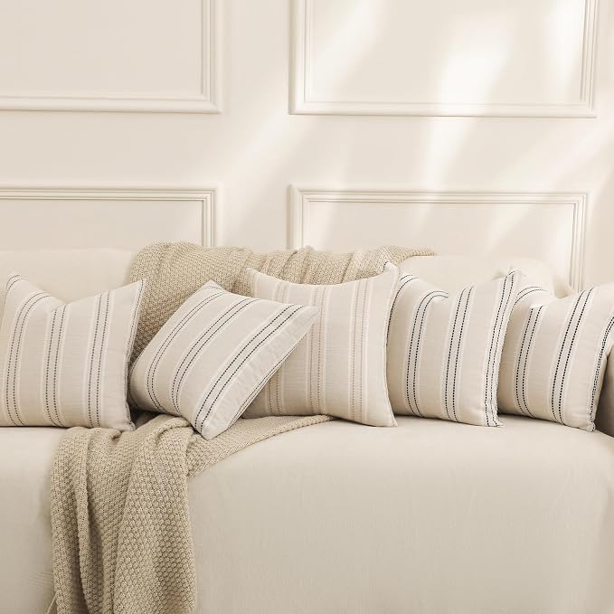 Hckot Black Striped Throw Pillow Covers 18x18 Set of 2 Accent Pillow Cover | Textured Linen Decorative Pillowcase Square Cushion Covers for Couch Sofa Bed Living Room Boho Farmhouse Home Decor