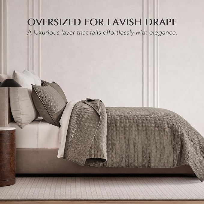 EVERGRACEHOME Cotton Sateen Windowpane Quilt Set Queen Size, Mocha Brown | 100% Cotton, Pre-Washed Soft Coverlet Bedspread, 3-Piece Lightweight Bedding Set for All Season, with 2 Pillow Shams