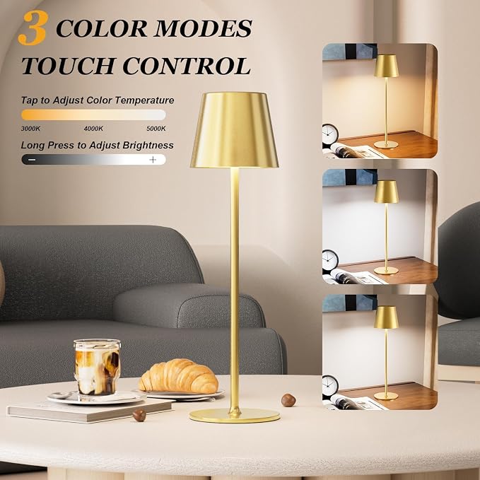 Kakanuo 20" Cordless Table Lamp Rechargeable Gold - 2 Pack 5000mAH Battery Operated Lamp for Counter, 3 Color Stepless Dimming Wireless Lamp for Dining Kitchen, Outdoor Patio, Touch Control