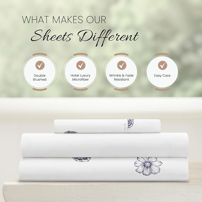 Linen Market Double-Brushed Patterned Microfiber Twin Sheet Set 3 Piece – Oeko-TEX Certified Ultra Soft & Wrinkle-Free - 16" Deep Pocket Sheets - Easy Care Twin Size - Indigo Flowers Navy