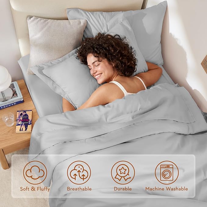 5 Pieces Twin XL Comforter Set, Soft Bed in a Bag Twin XL Size, All Season Bedding Set with Comforter, Flat Sheet, Fitted Sheet, Pillowcases & Shams, Light Grey