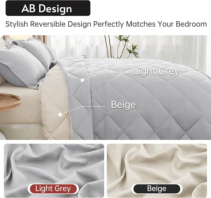 7 Pieces Oversized Queen Comforter Set, Reversible Bed in a Bag Oversized Queen Size, All Season Bedding Set with Comforter, Flat Sheet, Fitted Sheet, Pillowcases & Shams, Light Grey & Beige