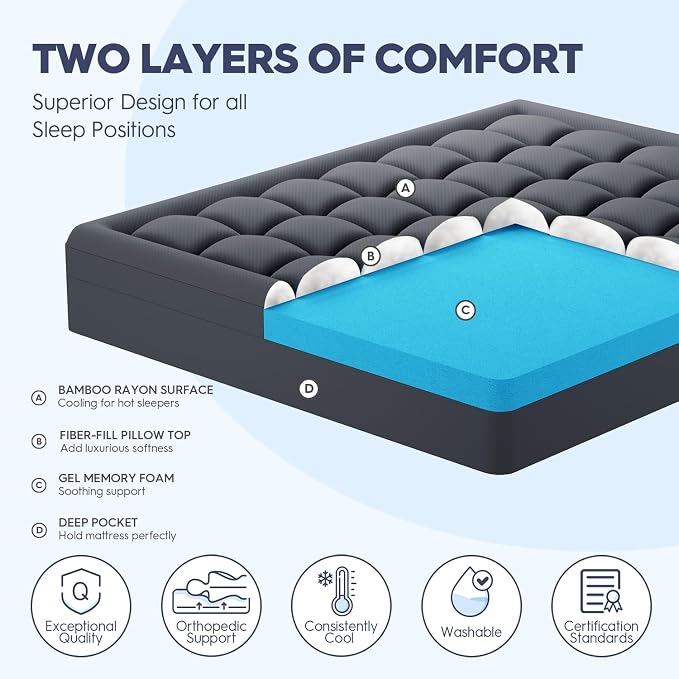 ELEMUSE 3 Inch Queen Dual Layer Memory Foam Mattress Topper with Pillowtop | 2 Inch Cooling Gel Foam,1 Inch Soft Pillowtop Pad, Pressure Relief Bed Topper, Comfortable Support
