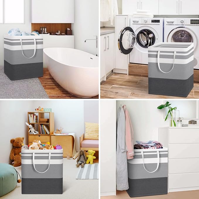 HomeHacks 2 Pack Large Laundry Baskets, Laundry Hampers Bags (Grey 100Lx2) | Waterproof, Freestanding, Collapsible Clothes Hamper with Reinforced Handles in Laundry Room, Dorm, Bathroom, Bedroom