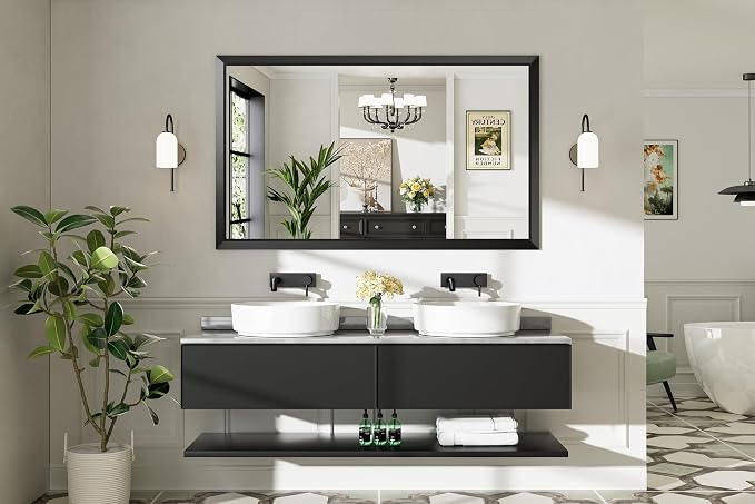 Black Metal Framed Bathroom Wall Mirror, 60x36 Inch | Anti-rust, HD tempered glass, for bathroom vanity, bedroom, living room, horizontal or vertical mount
