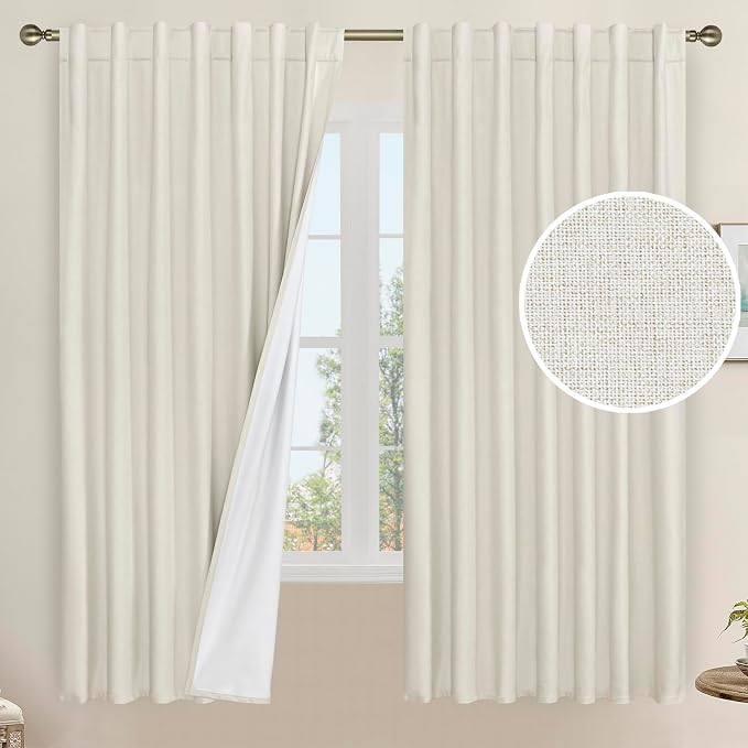 Natural 100% Blackout Linen Curtains 63 Inches with White Liner | Linen Textured, Thermal Bedroom Curtains, Neutral Drapes for Farmhouse, Rod Pocket Back Tab, 2 Panels, 60 x 63 Inch, Ivory