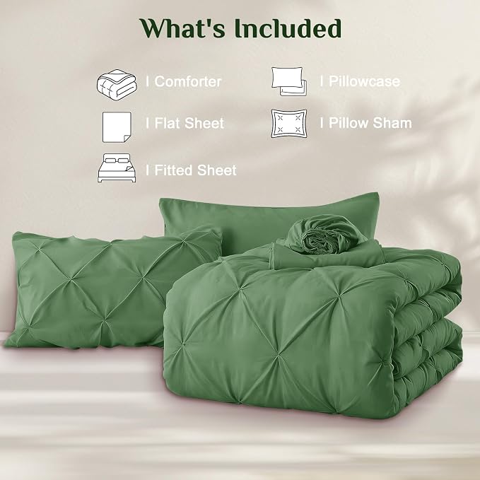 JOLLYVOGUE Twin Comforter Set 5 Pieces - Bed in a Bag Twin for All Season, Pintuck Bedding Comforter Sets with Comforter, Flat Sheet, Fitted Sheet and Pillowcases & Shams, Green