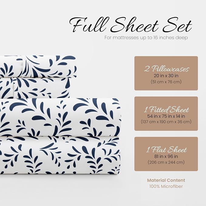 Linen Market Double-Brushed Patterned Microfiber Full Sheet Set 4 Piece – Oeko-TEX Certified Ultra Soft & Wrinkle-Free - 16" Deep Pocket Sheets - Easy Care Full Size - Burst of Vines Navy