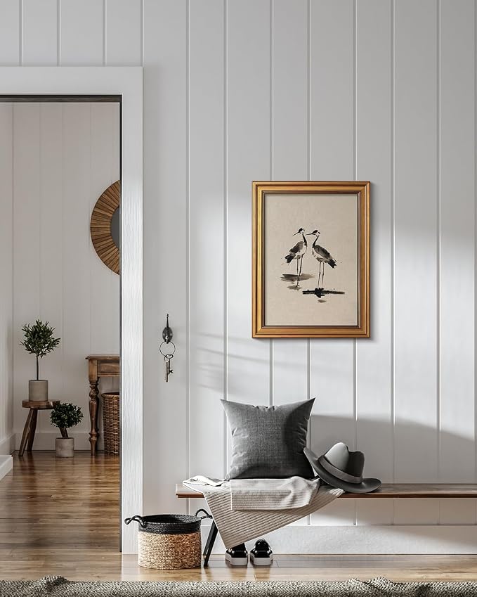 VIYYIEA Vintage Gold Framed Wall Art for Living Room, Two Cranes Canvas Prints Home Decor, Ink Painting Picture, Bedroom Wall Decor Gifts for Friends or Family -【Two Cranes】-(16L x 12W)