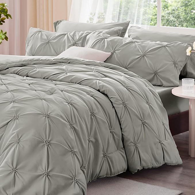 BEDELITE Queen Comforter Set Grey,Lightweight & Soft Comforter | Pintuck Boho Bedding, Warm & Cute Bed Set for All Season,With 2 Pillowcases