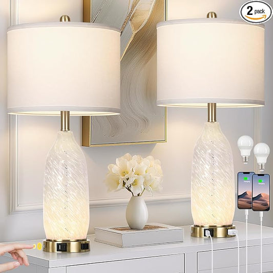 Rinweey 26" Modern Clear Glass Table Lamps Set of 2,Nightstand Lamp with USB A+C Ports & AC Outlet,Bedside Lamps with 3-Way Dimmable Touch Control Night Light for Bedroom Living Room(Bulbs Included)