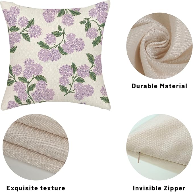 Purple Pink Spring Pillow Covers 16x16 Inch 2 Pcs Green Hydrangea Flower Decor Throw Pillows Vintage Floral Seasonal Summer Outdoor Decoration Pillowcase Linen Cushion Cover for Couch Sofa