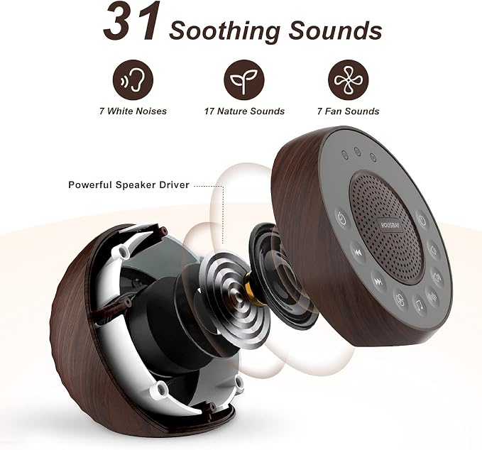 HOUSBAY Sound Machine White Noise for Sleep with Wood Grain | 31 Soothing Sounds, 5W Loud Stereo Sound, Auto-Off Timer, Adjustable Volume, Sleep Machine for Baby, Kid, Adult