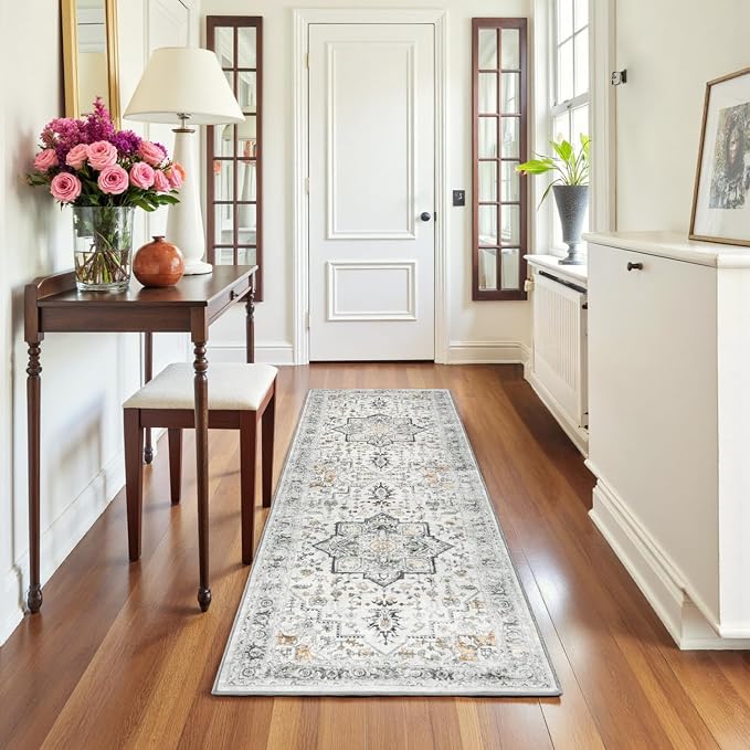 Washable 2x6 Runner Rug for Hallway Entryway, Non Slip Kitchen Area Rugs Indoor Mat for Bedroom Bathroom Laundry Farmhouse, Soft Vintage Floor Carpet Stain Resistant Low Pile, Grey/Brown