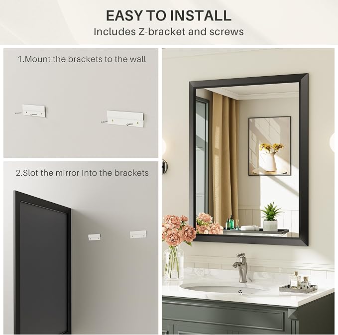Black Metal Framed Bathroom Wall Mirror, 48x30 Inch | Anti-rust, HD tempered glass, for bathroom vanity, bedroom, living room, horizontal or vertical mount
