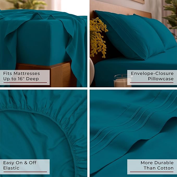 Mellanni Iconic 4-Piece Double-Brushed Microfiber Sheet Set (Queen, Teal) | Double-brushed softness; breathable comfort; 16-in deep pocket; machine washable; OEKO-TEX(R) certified; Lifetime Promise